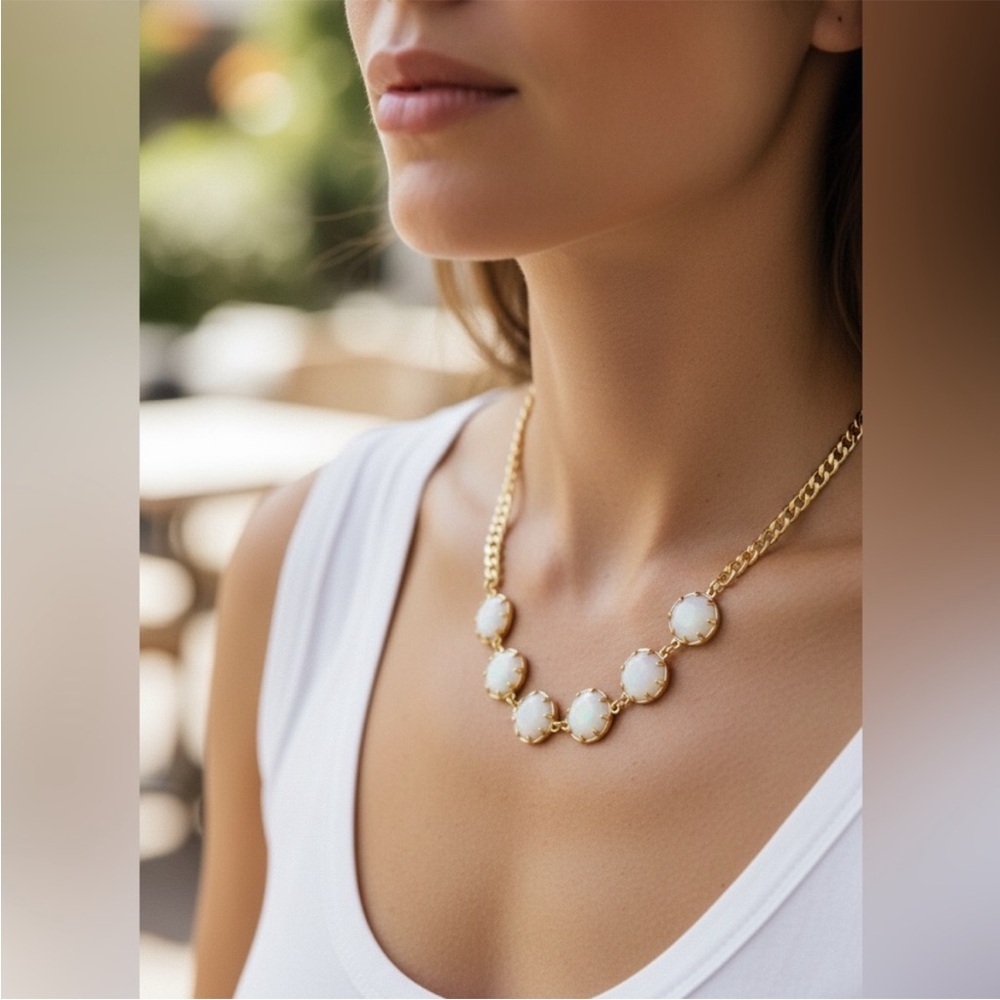 Gold Necklace with White Stone Accents - Women's Elegant Chain